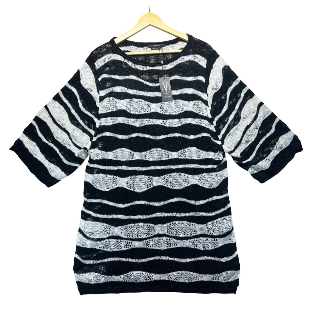 Vertigo‎ Paris Womens Black White Wavy Stripe Open Knit Sweater Top NWT Chic